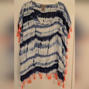 Blue and White Tie-Dye Cover-Up with Coral Tassels